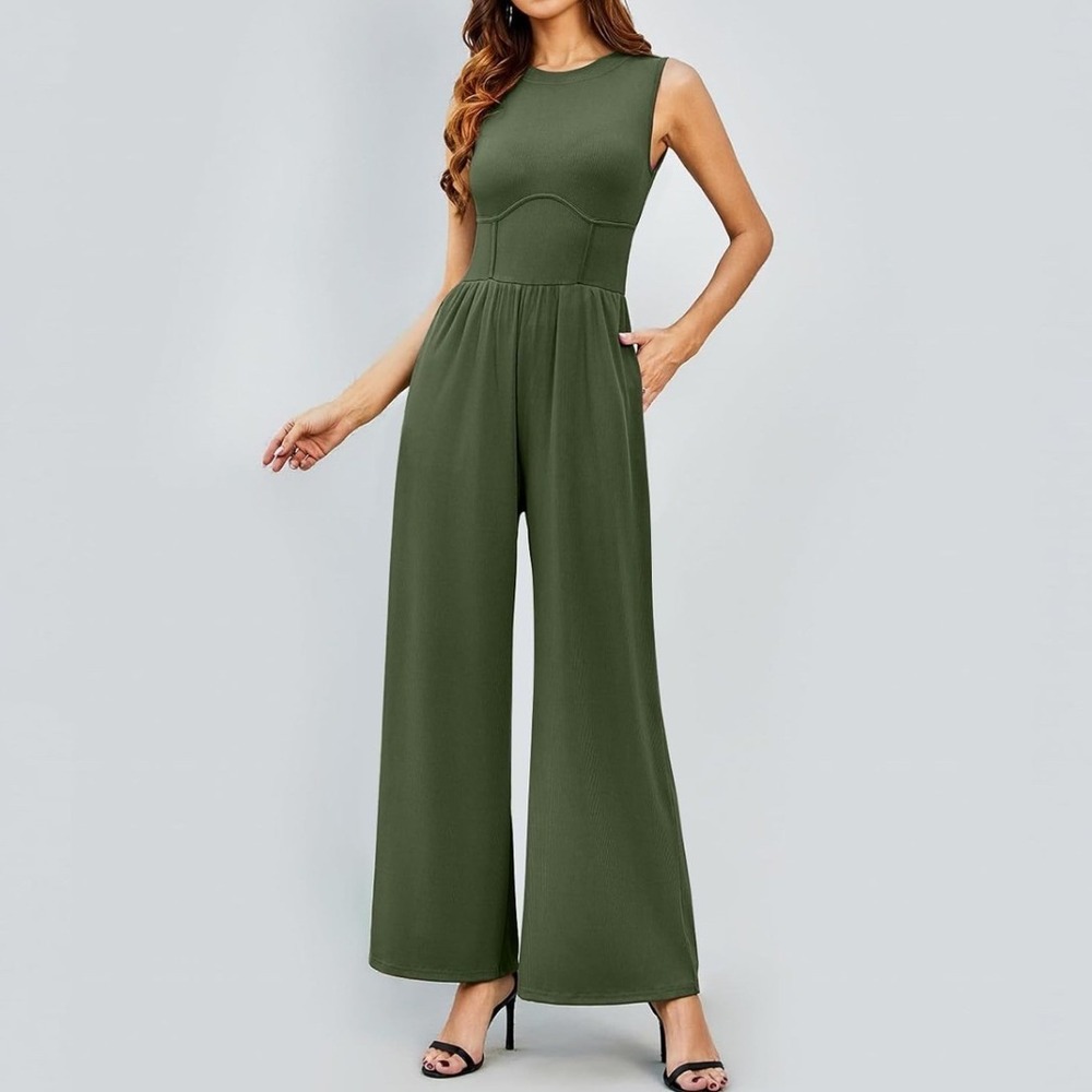 Cider Olive Green Ribbed Sleeveless Wide Leg Corset Bodice Jumpsuit Medium